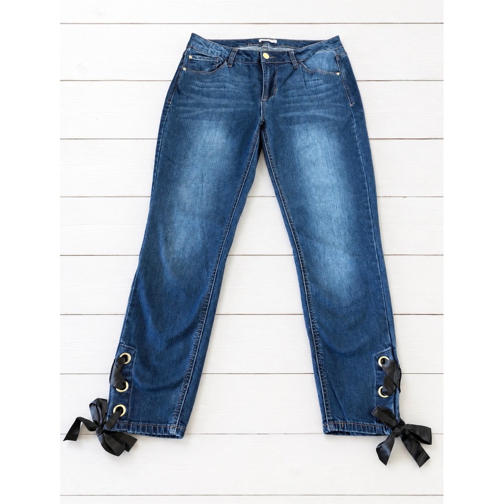 Kensie Jeans Womens 8/29 Blue Denim Straight Leg Lace Up Ribbon Hem Jeans Casual